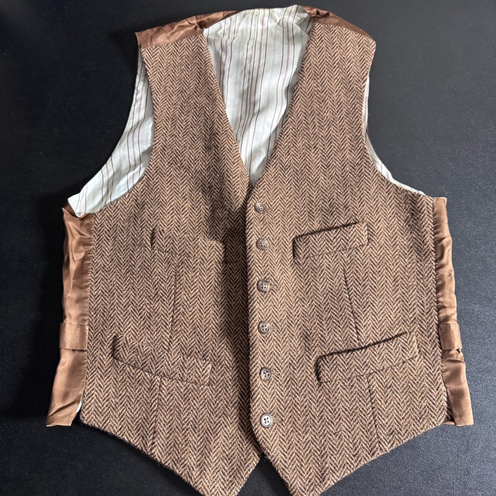 Polo Ralph Lauren Vest Mens 38R Brown Herringbone Virgin Wool Made in Italy